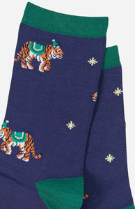 Women's Bamboo Socks Tiger Print Party Animal Ankle Socks Navy Blue