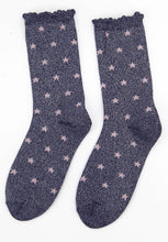 Load image into Gallery viewer, Women&#39;s Cotton Glitter Socks Scalloped Top Star Print Navy Blue
