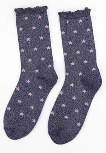 Women's Cotton Glitter Socks Scalloped Top Star Print Navy Blue