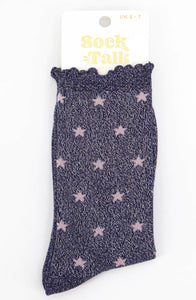 Women's Cotton Glitter Socks Scalloped Top Star Print Navy Blue