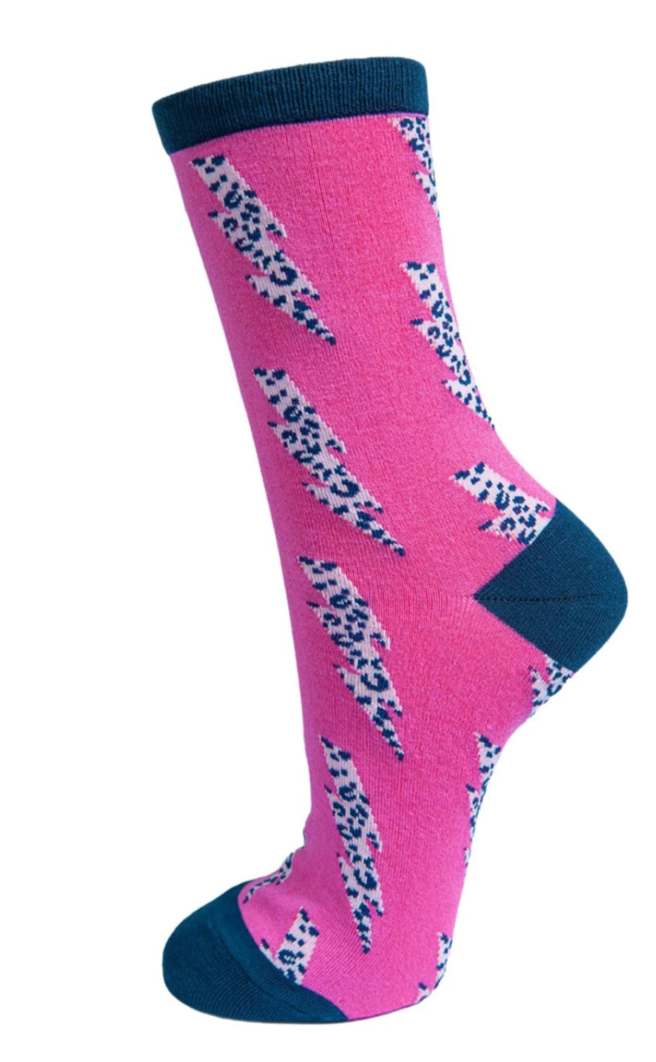 Womens Bamboo Socks Leopard Print Ankle Socks Lightning Bolt Pink