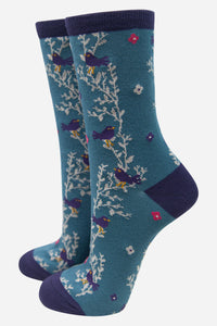 Women's Bamboo Socks Blackbird Vine Floral Print Ankle Socks Blue