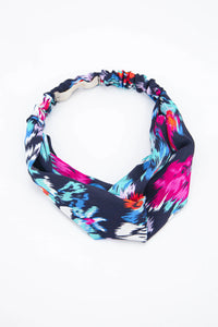 Silk Textured Abstract Floral Print Headband in Navy Blue