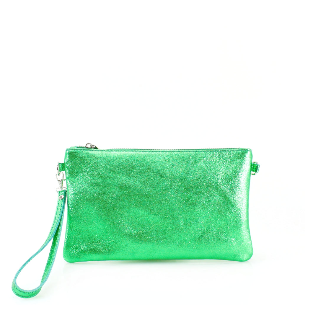 Metallic Leather Clutch Bag - Green Metallic
