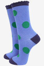 Load image into Gallery viewer, Women's Glitter Socks - Denim Blue/Green, Large Polka Dot