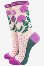 Load image into Gallery viewer, Women's Bamboo Socks - Purple/Green Scottish Thistle