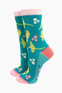Women's Bamboo Socks - Ring Necked Parakeet - Teal