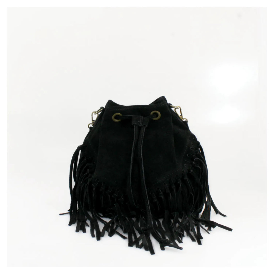 Real Suede Bucket Bag - Black