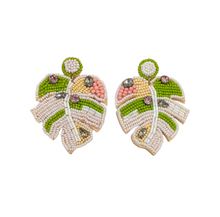 Load image into Gallery viewer, Beaded Palm Leaf Earring in Pink, Peach &amp; Green
