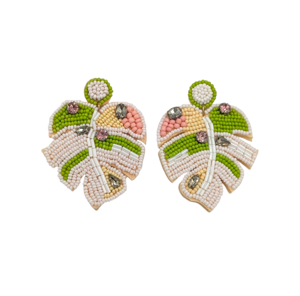 Beaded Palm Leaf Earring in Pink, Peach & Green