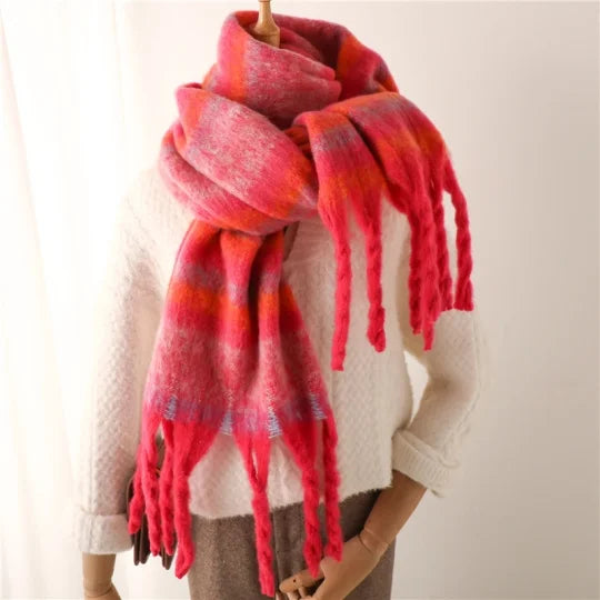 Thick Silk Striped Scarf - Bright Pink