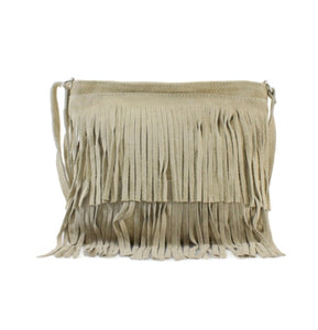 Small Leather Tassle Crossbody Bag - Beige