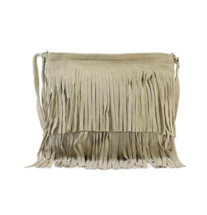 Small Leather Tassle Crossbody Bag - Beige