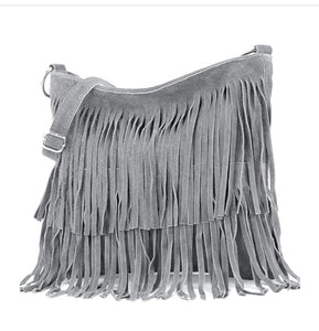 Leather Tassle Crossbody Bag - Light Grey