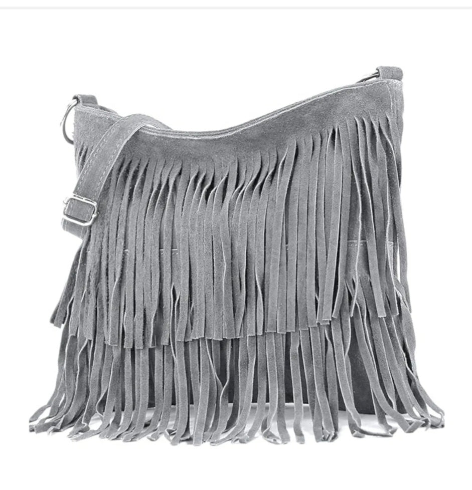 Leather Tassle Crossbody Bag - Light Grey
