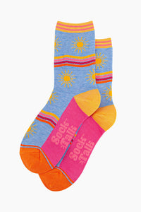 Women's Bamboo Socks - Blue Sunshine Wavy Stripes